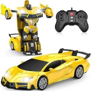 Remote Control Car，Transform Robot RC Cars with Cool LED Headlights, 2.4Ghz Toys Car with 360 Degree Rotation and One-Button Deformation, Christmas Birthday Gifts for Boys Girls(Yellow)