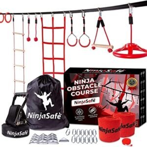 Ninja Obstacle Course for Kids Backyard - 10 Durable Obstacles and 50' Slackline - Outdoor Warrior Obstacle Playset Equipment for Girls & Boys with Monkey Bars, Ladder, Wheel, Gymnastics, Climbing Net