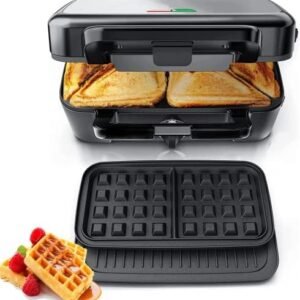 FOHERE Waffle Maker 3 in 1 Sandwich Maker 1200W Panini Press With Removable Plates and 5-gear Temperature Control, Non-stick Coating Easy to Clean,Indicator Lights, Silver/Black