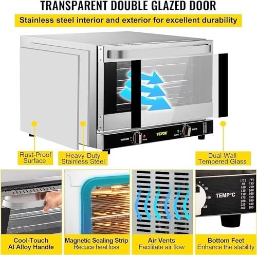 VEVOR Commercial Convection Oven, 66L/60Qt, Half-Size Conventional Oven Countertop, 1800W 4-Tier Toaster w/Front Glass Door, w/Trays Wire Racks Clip Gloves, 120V - Image 5