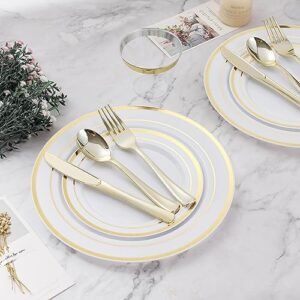 600PCS Gold Dinnerware Set for 100 Guests, Plastic Plates for Party, 100 Gold Disposable Plates, 100 Dessert Plates, 100 Cups, 100 Spoons, 100 Forks and 100 Knives