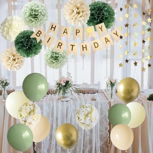 ANSOMO Sage Green Happy Birthday Party Decorations Retro Green Nude Ivory Dark Olive Kraft Paper Banner Balloons Neutral Rustic Boho Blush Safari Botanical Greenery Wild Décor Supplies Women Adults - Image 4