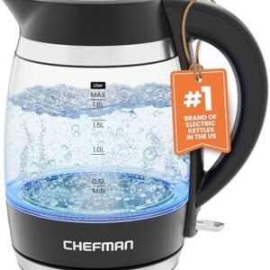 Chefman Electric Kettle, 1.8L 1500W, Hot Water Boiler, Removable Lid for Easy Cleaning, Auto Shut Off, Boil-Dry Protection, Stainless Steel Filter, BPA Free, Borosilicate Glass Electric Tea Kettle
