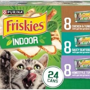 Purina Friskies Indoor Cat Food 24ct VP - (Chicken and Turkey Casserole, Saucy Seafood Bake, Homestyle Turkey Dinner) - (Pack of 24) 5.5 oz. Cans