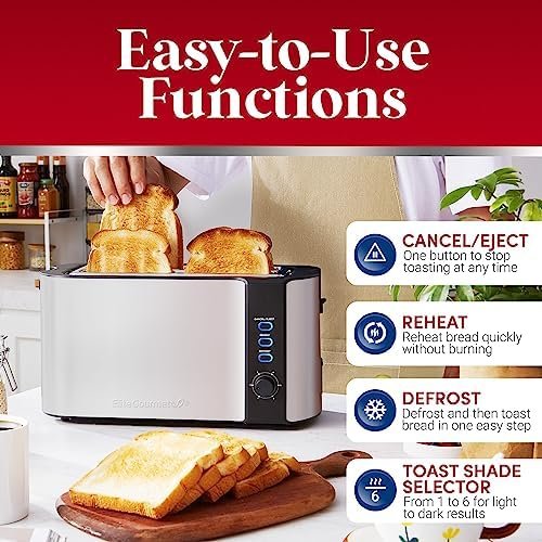 Elite Gourmet ECT-3100 Long Slot 4 Slice Toaster, Reheat, 6 Toast Settings, Defrost, Cancel Functions, Built-in Warming Rack, Extra Wide Slots for Bagels & Waffles, Stainless Steel & Black - Image 2