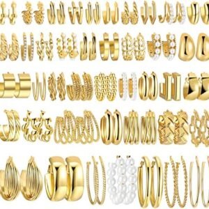 42 Pairs Gold Hoop Earrings Set for Women, Fashion Chunky Pearl Earrings Multipack Twisted Statement Earring Pack, Hypoallergenic Small Big Hoops Earrings for Birthday Party (Gold-42 pairs)
