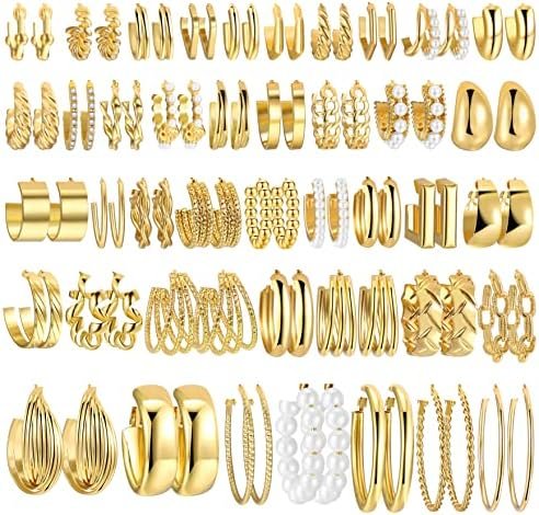 42 Pairs Gold Hoop Earrings Set for Women, Fashion Chunky Pearl Earrings Multipack Twisted Statement Earring Pack, Hypoallergenic Small Big Hoops Earrings for Birthday Party (Gold-42 pairs)