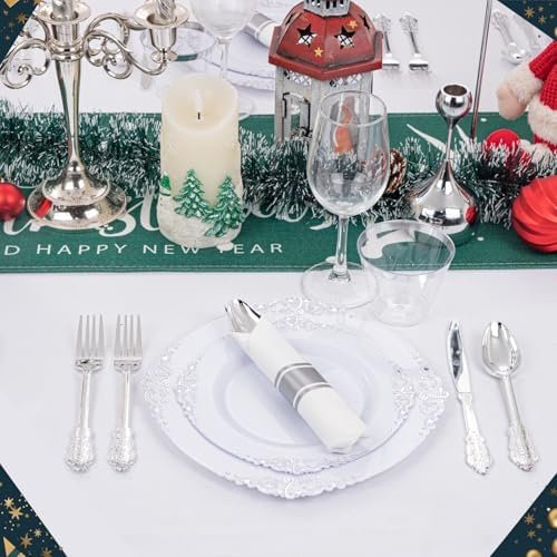 Liacere 350PCS Silver Plastic Plates&Pre Rolled Napkins for 50 Guests - Plastic Dinnerware Sets 100 Silver Disposable Plates, 150 Silver Silverware, 50Cups and 50Napkins for Wedding&Party&Christmas - Image 5