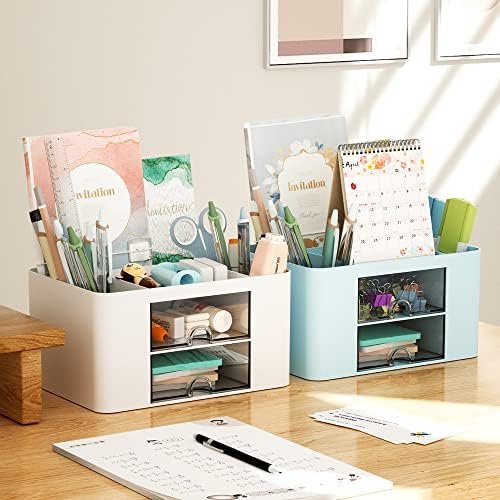 Marbrasse Pen Organizer with 2 Drawer, Multi-Functional Pencil Holder for Desk, Desk Organizers and Accessories with 5 Compartments + Drawer for Office Art Supplies (White) - Image 5