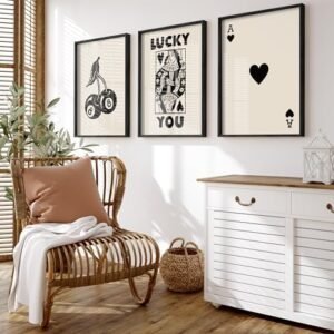 Heiple Framed Set of 3 Poker Wall Art Lucky You Poster, Trendy Retro Print Wall Decor for Queen of Hearts Wall Art Rustic Vintage Farmhouse Home Wall Decor（Black 12″x16″）