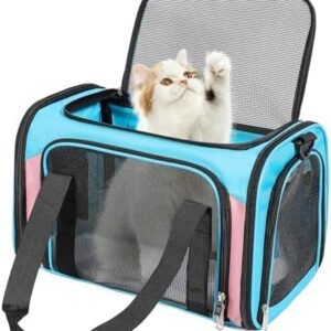 Cat Dog Carrier Up to 15 Lbs TSA Airline Approved Pet Carrier for Small Medium Cats Puppies Dog Carriers for Small Dogs Collapsible Soft Sided Cat Travel Carrier - Blue&Pink 17"x11"x11"