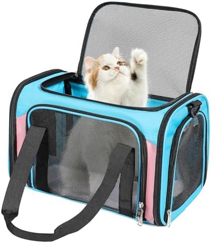 Cat Dog Carrier Up to 15 Lbs TSA Airline Approved Pet Carrier for Small Medium Cats Puppies Dog Carriers for Small Dogs Collapsible Soft Sided Cat Travel Carrier - Blue&Pink 17"x11"x11"