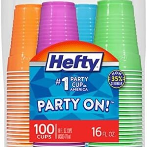 Hefty Party On Disposable Plastic Cups, Assorted, 16 Ounce, 100 Count