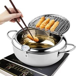 Kerilyn Deep Fryer Pot, 9.4 Inch/3.4 L Janpanese Style Tempura Frying Pot with Lid, 304 Stainless Steel with Temperature Control and Oil Drip Drainer Rack, for Kitchen French Fries, Chicken etc