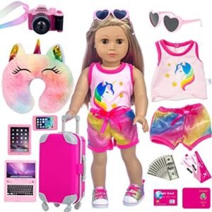 23 Pcs American 18 inch Doll Clothes and Accessories - Suitcase Luggage , Pillow, Sunglasses, Camera, Passport, Mobile Phone , Computer Doll Travel Gear Play Set Fit 18 inch Doll (No Doll)