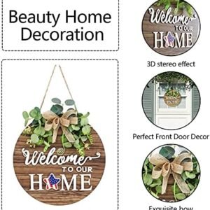 Interchangeable Seasonal Welcome Sign Front Door Decoration, Rustic Round Wood Wreaths Wall Hanging Outdoor, Farmhouse, Porch, for Spring Summer Fall All Seasons Holiday Halloween Christmas.