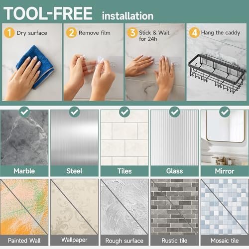 Veken Adhesive Shower Caddy 6-Pack, Large Capacity Bathroom Organizers and Storage, Rustproof Shelves Rack with Soap Holder, No Drilling Wall-Mounted Kitchen & Home Decor, Bath Decor&Essentials, Black - Image 8