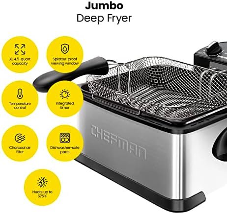 Chefman 4.5 Liter Deep Fryer w/Basket Strainer, XL Jumbo Size, Adjustable Temperature & Timer, Perfect for Fried Chicken, Shrimp, French Fries, Chips & More, Removable Oil-Container, Stainless Steel - Image 2