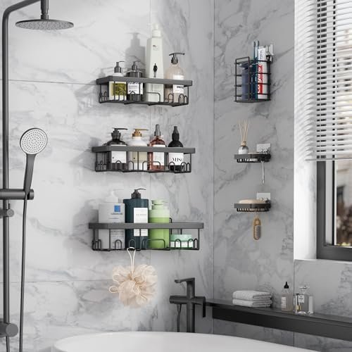 Veken Adhesive Shower Caddy 6-Pack, Large Capacity Bathroom Organizers and Storage, Rustproof Shelves Rack with Soap Holder, No Drilling Wall-Mounted Kitchen & Home Decor, Bath Decor&Essentials, Black - Image 3