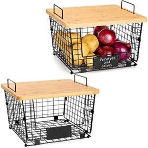 2 Set Stackable Wire Basket with Bamboo Top - Kitchen Counter, Pantry Organizer and Storage - Produce Onion Potato Fruits Vegs Bread Food Snack Spice Organizing Bin for Cabinet Shelf Countertop Floor