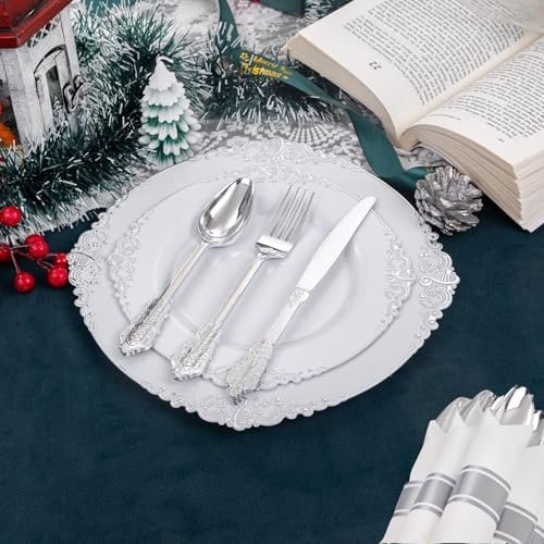 Liacere 350PCS Silver Plastic Plates&Pre Rolled Napkins for 50 Guests - Plastic Dinnerware Sets 100 Silver Disposable Plates, 150 Silver Silverware, 50Cups and 50Napkins for Wedding&Party&Christmas - Image 7
