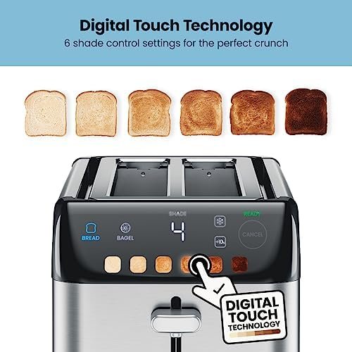 Chefman Smart Touch 4 Slice Digital Toaster, 6 Shade Settings, Stainless Steel Toaster 4 Slice with Extra-Wide Slots, Thick Bread Toaster and Bagel Toaster, +10, Defrost, Removable Crumb Tray - Image 3