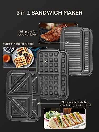 FOHERE Waffle Maker 3 in 1 Sandwich Maker 1200W Panini Press With Removable Plates and 5-gear Temperature Control, Non-stick Coating Easy to Clean,Indicator Lights, Silver/Black - Image 2
