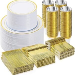 600PCS Gold Dinnerware Set for 100 Guests, Plastic Plates for Party, 100 Gold Disposable Plates, 100 Dessert Plates, 100 Cups, 100 Spoons, 100 Forks and 100 Knives