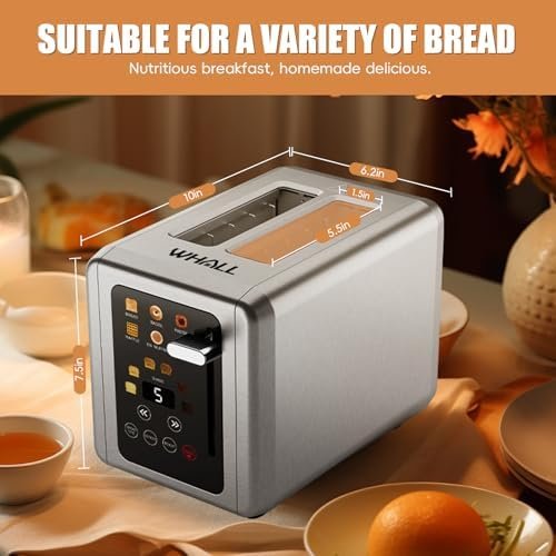 WHALL® Touch Screen Toaster 2 Slice, Stainless Steel Digital Timer Toaster, 6 Bread Types & 6 Shade Settings, Smart Extra Wide Slots Toaster With Bagel, Cancel, Defrost Functions - Image 6