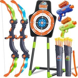GMAOPHY Bow and Arrow for 5 6 7 8 9 10 11+ Year Old Boys, Birthday Gift for Kids, Indoor Outdoor Activity Toys, 2 Pack LED Light Up Archery Toy with 20 Suction Cup Arrows, Standing Target