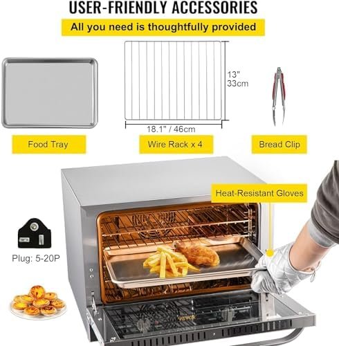 VEVOR Commercial Convection Oven, 66L/60Qt, Half-Size Conventional Oven Countertop, 1800W 4-Tier Toaster w/Front Glass Door, w/Trays Wire Racks Clip Gloves, 120V - Image 6