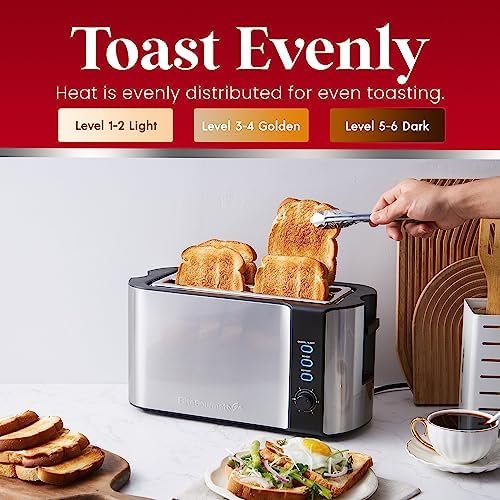 Elite Gourmet ECT-3100 Long Slot 4 Slice Toaster, Reheat, 6 Toast Settings, Defrost, Cancel Functions, Built-in Warming Rack, Extra Wide Slots for Bagels & Waffles, Stainless Steel & Black - Image 6