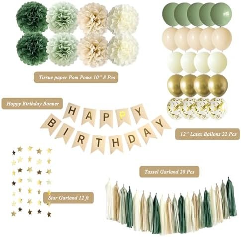 ANSOMO Sage Green Happy Birthday Party Decorations Retro Green Nude Ivory Dark Olive Kraft Paper Banner Balloons Neutral Rustic Boho Blush Safari Botanical Greenery Wild Décor Supplies Women Adults - Image 2