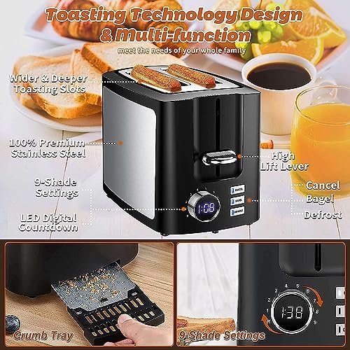 Toaster 2 Slice Wide Slot Toaster Best Rated Prime Displav Smart Toasters with LCD Digital Countdown Timer and Bagel/Defrost/Cancel/Reheat Function - Image 6