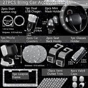NBTEPEM 27 PCs Bling Car Accessories Set for Women, Steering Wheel Covers Universal Fit 15 Inch, License Plate Frame, Phone Holder, Bling Car Coasters (Silver Diamond)