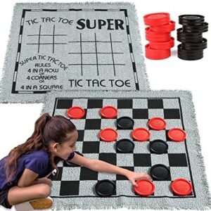 3-in-1 Vintage Giant Checkers, Tic, Tac, Toe, Game with Reversible Mat, 24 Chips, Family Board Game, Lawn Game, BBQ Party Favor, Indoor and Outdoor Activity for Kids and Adults