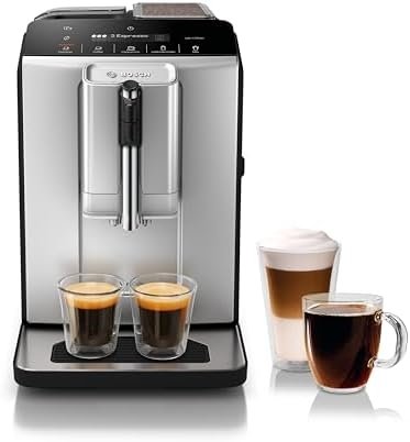 Bosch TIU20307 300 Series Fully Automatic Espresso Machine with Milk Express (in-cup frother), LCD + Touch Control Panel, OneTouch Milk-based Beverages and 5 Beverage Options, in Silver