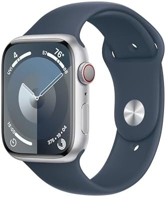 Apple Watch Series 9 [GPS + Cellular 45mm] Smartwatch with Silver Aluminum Case with Storm Blue Sport Band M/L. Fitness Tracker, Blood Oxygen & ECG Apps, Always-On Retina Display