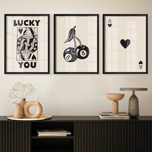 Heiple Framed Set of 3 Poker Wall Art Lucky You Poster, Trendy Retro Print Wall Decor for Queen of Hearts Wall Art Rustic Vintage Farmhouse Home Wall Decor（Black 12″x16″）