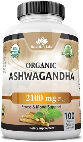 Organic Ashwagandha 2,100 mg – 100 Veggie Capsules Pure Organic Ashwagandha Powder and Root Extract – Stress Relief, Mood Enhancer