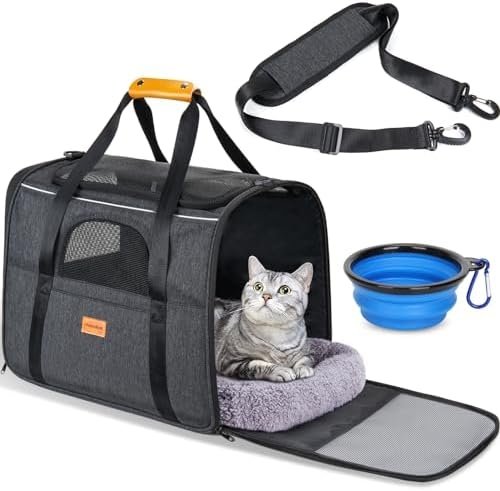 Morpilot Cat Carrier – Soft Sided Cat Carrier Large for Big Medium Cats and Puppy up to 15lbs, Pet Carrier with Safety Zippers, Foldable Bowl, Airline Approved Large Cat Carrier – Dark Gray