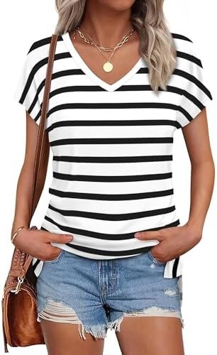 WIHOLL Womens Tops Basic Summer V Neck T Shirts Short Sleeve Dressy Casual Loose Fit Cute Tee Clothes Trendy Fashion Outfits
