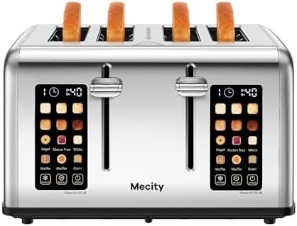 Mecity 4 Slice Toaster Touch Screen Control 4 Wide Slot, Stainless Steel Smart Bread Toaster for Bagel Muffin Waffle, Dual Control Pannel, Timer, Defrost, Reheat, 120V 1650W
