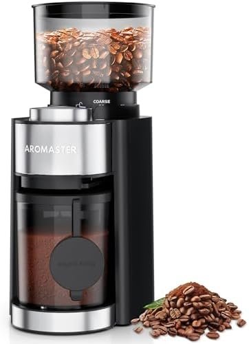 Aromaster Burr Coffee Grinder, Coffee Bean Grinder with 25 Grind Setting, 2-12 Cups Timer, Conical Coffee Grinders for Home Use, 3-Ears Portafilter Holder, Cleaning Brush, Black