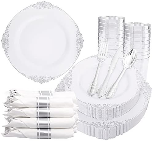 Liacere 350PCS Silver Plastic Plates&Pre Rolled Napkins for 50 Guests – Plastic Dinnerware Sets 100 Silver Disposable Plates, 150 Silver Silverware, 50Cups and 50Napkins for Wedding&Party&Christmas