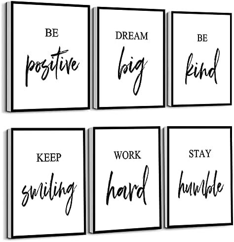 Inspirational Wall Art, Framed Motivational Canvas Wall Art Positive Quote for Living Room Bedroom Office, Stretched Ready to Hang (Set of 6, 8X10in, Framed)
