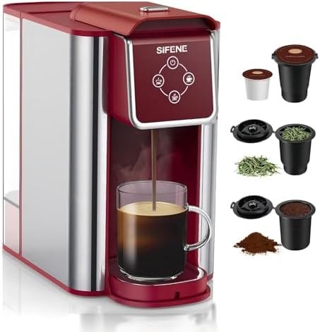 SIFENE Single Serve Coffee Machine, 3-in-1 Pod Coffee Maker for K-Pod Capsule, Ground Coffee, and Leaf Tea with 6-10 oz Cup Size, 50 oz Removable Water Reservoir, Red