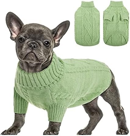 Queenmore Small Dog Pullover Sweater, Cold Weather Cable Knitwear, Classic Turtleneck Thick Warm Clothes for Chihuahua, Bulldog, Dachshund, Pug, Yorkie (Green, Small)