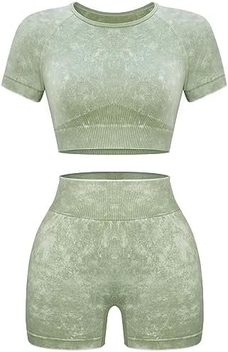 OLCHEE Womens Workout Sets 2 Piece – Seamless Acid Wash Yoga Outfits Shorts and Crop Top Matching Gym Athletic Clothing Set