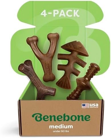 Benebone Medium 4-Pack Dog Chew Toys for Aggressive Chewers, Made in USA, 60lbs and Under